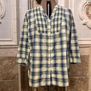 Kim Rogers. Size 2X. Elastic Smocked Plaid Roll/Tab/Cuff. Cotton Shirt. B22